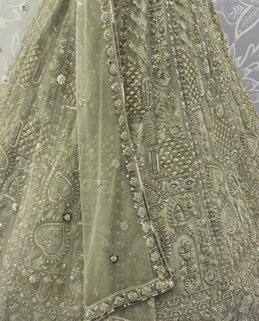 2877-green - Sober Handwork Pastel green Motif and Crystal Pipe work Designed Reception Wear Collection in Lehenga Choli